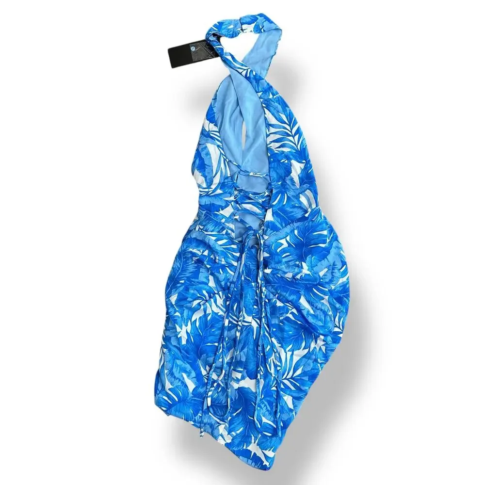 DO+BE NWT Tropical Halter Mini Dress Blue White Leaf Print Back Tie Medium - Picture 6 of 11